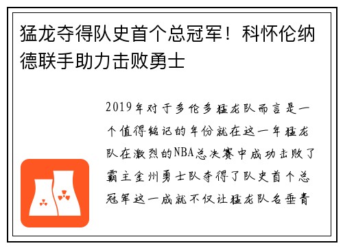 猛龙夺得队史首个总冠军！科怀伦纳德联手助力击败勇士